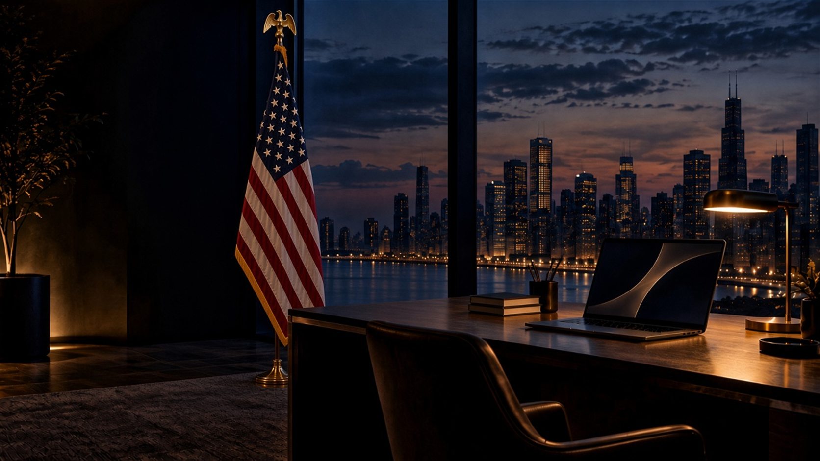 Illustrative workspace overlooking a city at dusk