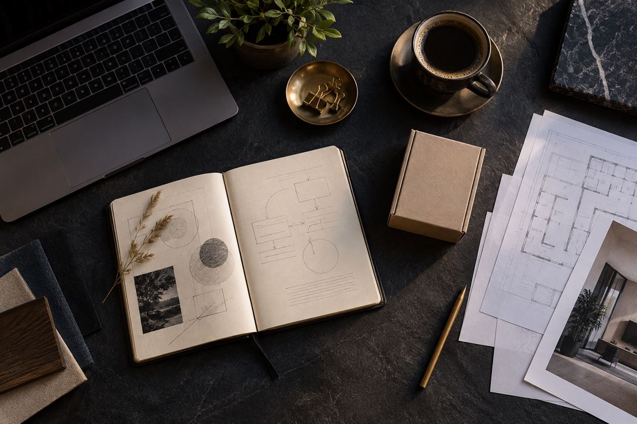 Illustrative business planning materials and a laptop on a worktable