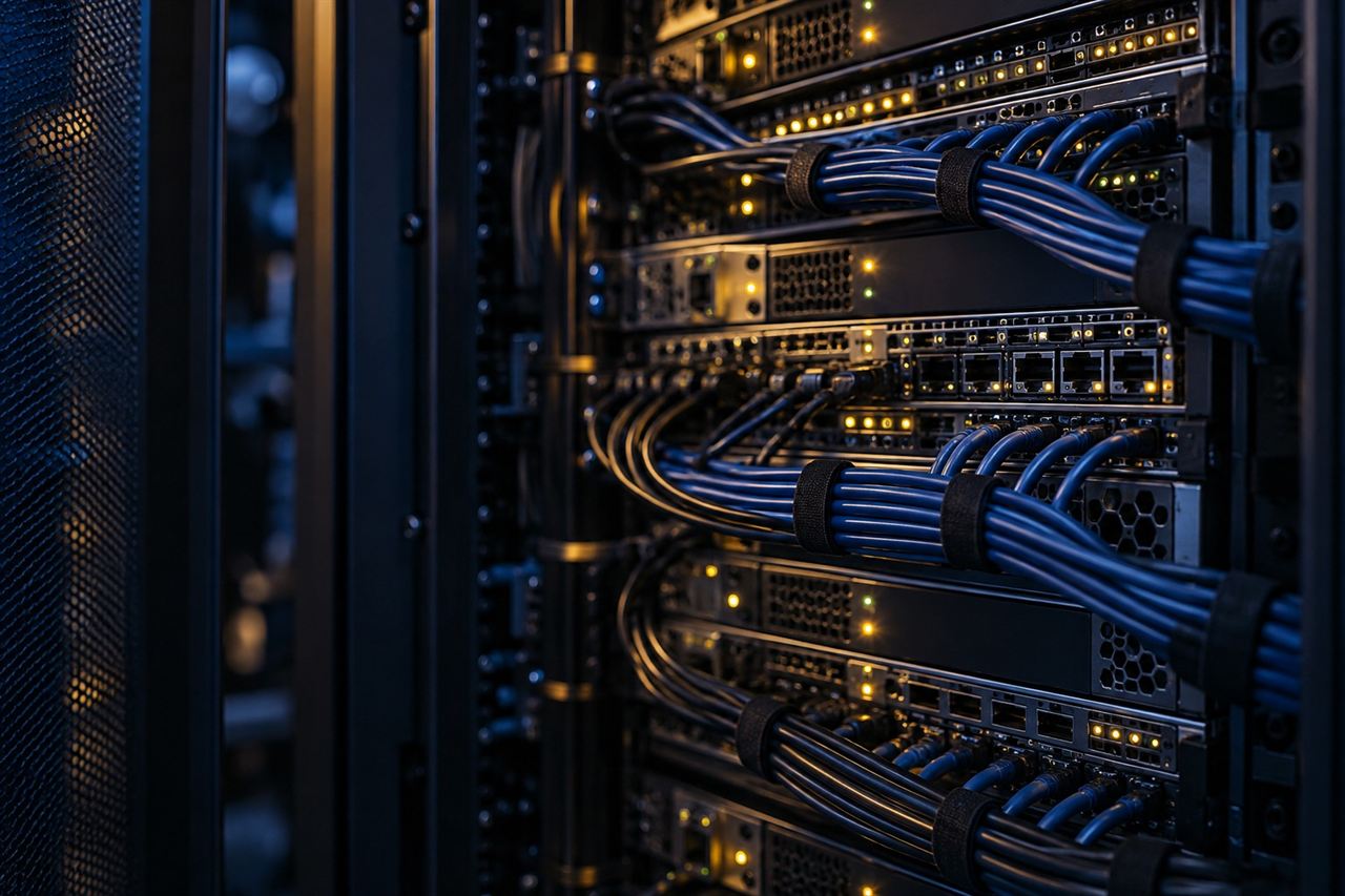 Illustrative close-up of connected server hardware